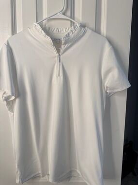Chico's Cream Short Sleeve Top with Ruffle Collar and Half-Zip